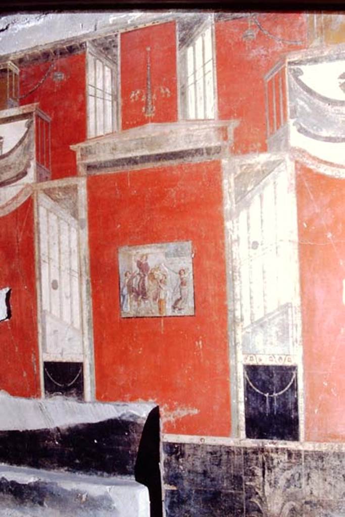 I.8.9 Pompeii, 1968.  Room 7, east wall of triclinium with recess, and black zoccolo with painted plant. Photo by Stanley A. Jashemski.
Source: The Wilhelmina and Stanley A. Jashemski archive in the University of Maryland Library, Special Collections (See collection page) and made available under the Creative Commons Attribution-Non Commercial License v.4. See Licence and use details.
J68f0610