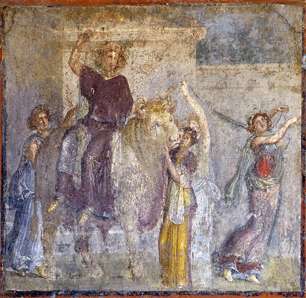 I.8.9 Pompeii. December 2019. 
Room 7, wall painting of Europa and the Bull from centre panel on east wall. Photo courtesy of Giuseppe Ciaramella.