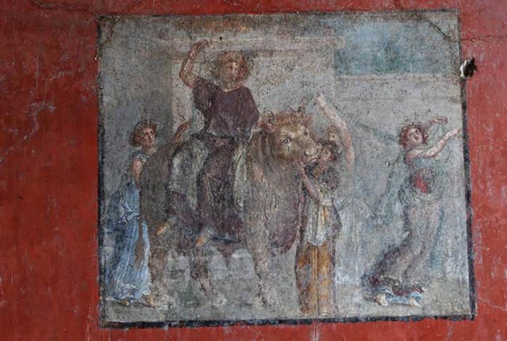 I.8.9 Pompeii. March 2008. Room 7, triclinium. Central panel on east wall.  Wall painting of Europa and the Bull. Photo courtesy of Nicolas Monteix.