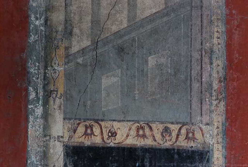 I.8.9 Pompeii. March 2008. Room 7, triclinium.  Lower part of east wall. Detail of architectural painting at south side of central panel. Photo courtesy of Nicolas Monteix.
