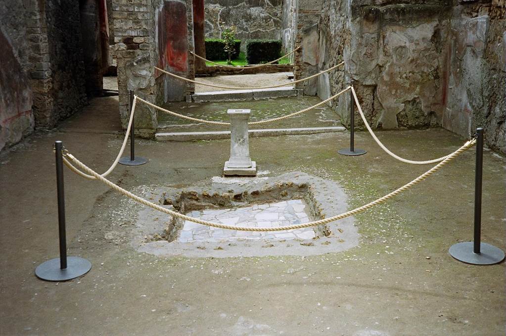 I.8.9 Pompeii. March 2010. Room 1, atrium with impluvium. According to PPM, the remains of the coloured marble opus sectile bottom of the impluvium were found. Looking south through tablinum to garden. Photo courtesy of Rick Bauer.