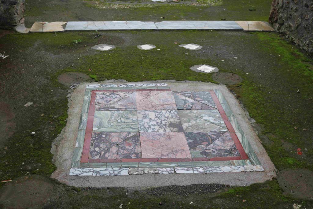 I.8.9 Pompeii. December 2018. Room 2, oecus, looking south across flooring. 
Emblema in opus sectile of coloured marble in centre of floor, with remains of white marble diamond shaped pieces. Photo courtesy of Aude Durand.