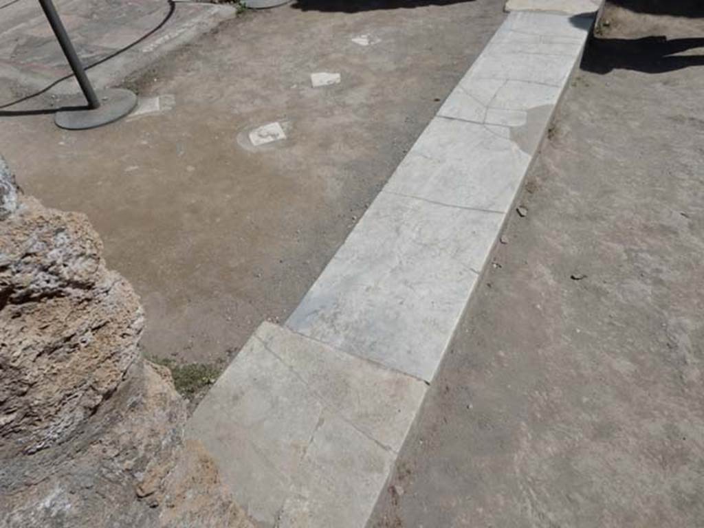I.8.9 Pompeii. May 2015.  Room 2, marble threshold dividing room 2, the oecus with white marble diamond shapes set in its floor, and room 1, the atrium. Photo courtesy of Buzz Ferebee.