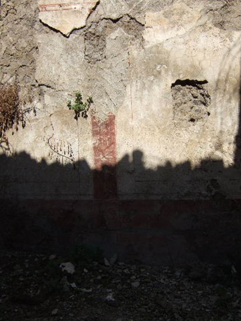 I.8.10 Pompeii. September 2005. 
North wall of rear cubiculum 8 on west side, which would have shown a simple two-coloured scheme with vignettes of flying cupids in panels, separated by narrow red compartments. 
The zoccolo was red with painted plants, and the middle zone of the wall was white.