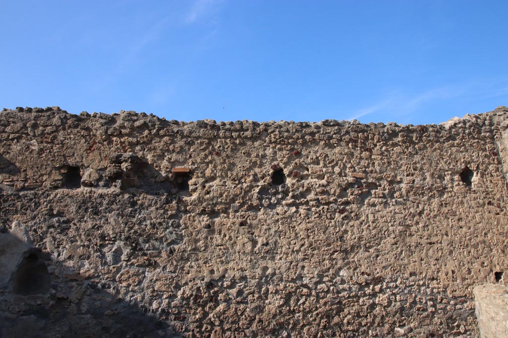 I.8.12 Pompeii. October 2022. 
Looking towards upper north wall with holes for support beams for an upper floor. Photo courtesy of Klaus Heese.