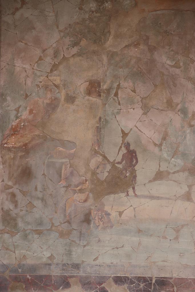 I.8.17 Pompeii. October 2024.
Room 18, west wall. Detail from painting of Pan and the nymphs. Photo courtesy of Klaus Heese.