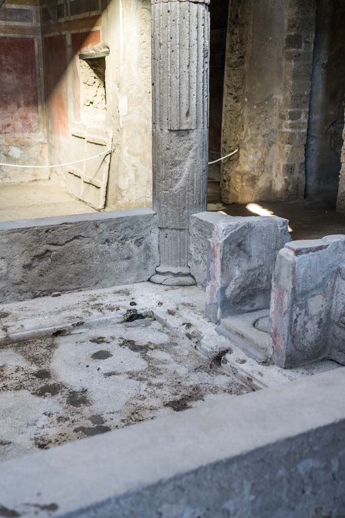 I.8.17 Pompeii. December 2021. 
Looking north-east across impluvium in atrium towards Room 13, ala in centre of north side of atrium. 
Photo courtesy of Johannes Eber.