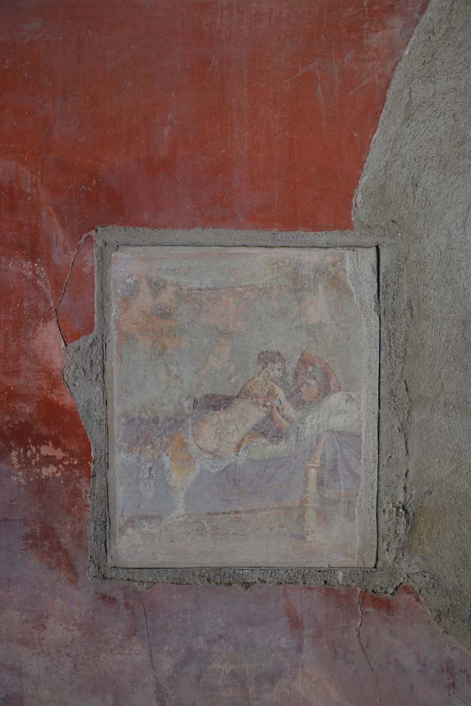 I.9.1 Pompeii. October 2019. Room 11, “erotic” reproduction painting inserted into south wall.
Foto Annette Haug, ERC Grant 681269 DÉCOR.
According to PPM – the actual state of the painting in 1977 was nearly illegible. 
See Carratelli, G. P., 1990-2003. Pompei: Pitture e Mosaici: Vol I. Roma: Istituto della enciclopedia italiana, p. 938, no .32).