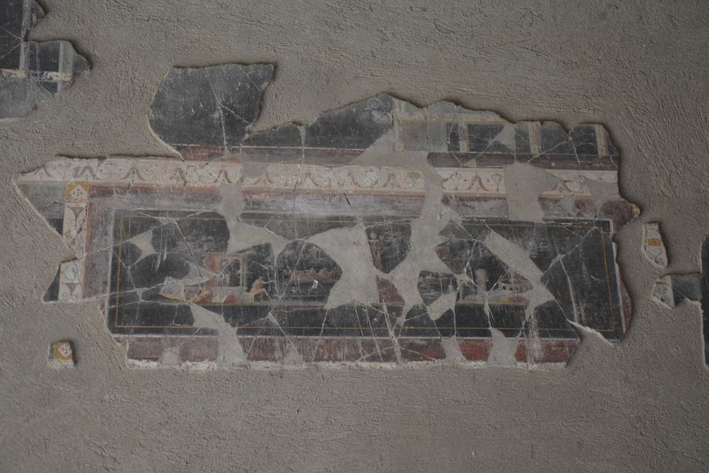 I.9.1 Pompeii. October 2019. Room 8, detail from north end of west wall of triclinium.
Foto Annette Haug, ERC Grant 681269 DÉCOR.