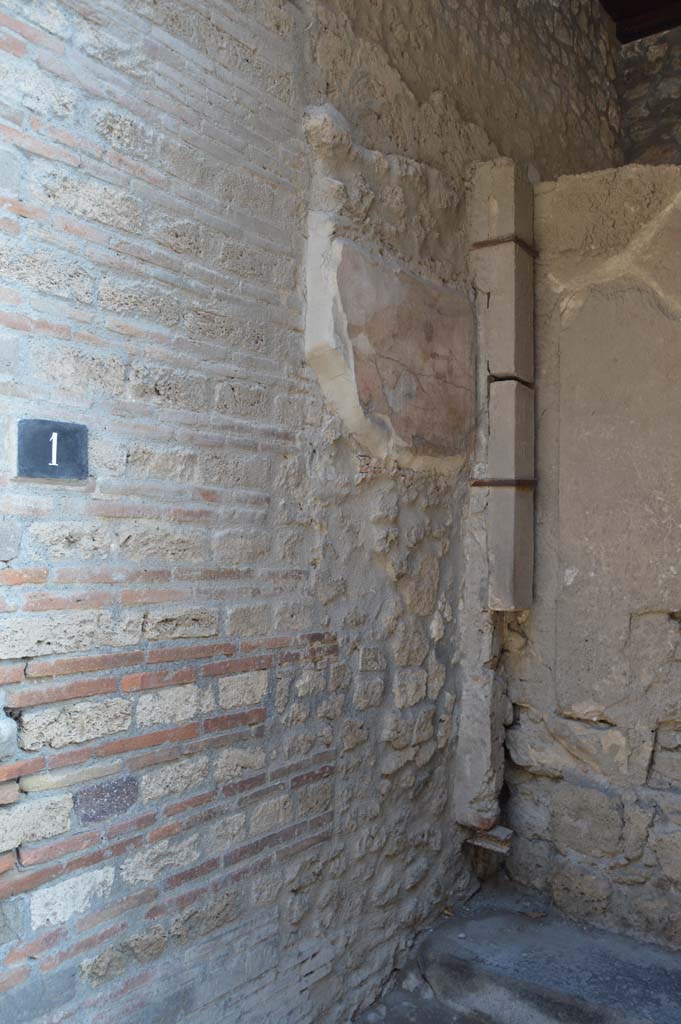 I.9.1 Pompeii. October 2017. 
East wall of entrance vestibule, with detail of wall painting of Hercules and Mercury.
Foto Taylor Lauritsen, ERC Grant 681269 DÉCOR.