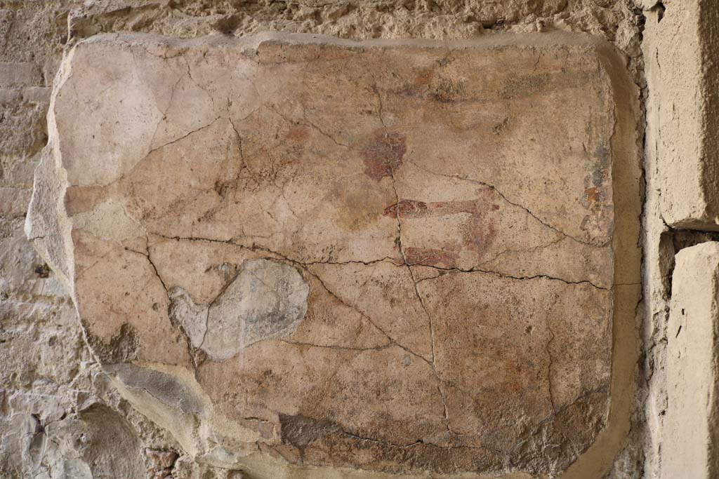 1.9.1 Pompeii. December 2018. East wall of vestibule, with remains of wall painting of Mercury and Hercules. 
Hercules stood to the left and in the right of the painting is Mercury.  Photo courtesy of Aude Durand.
