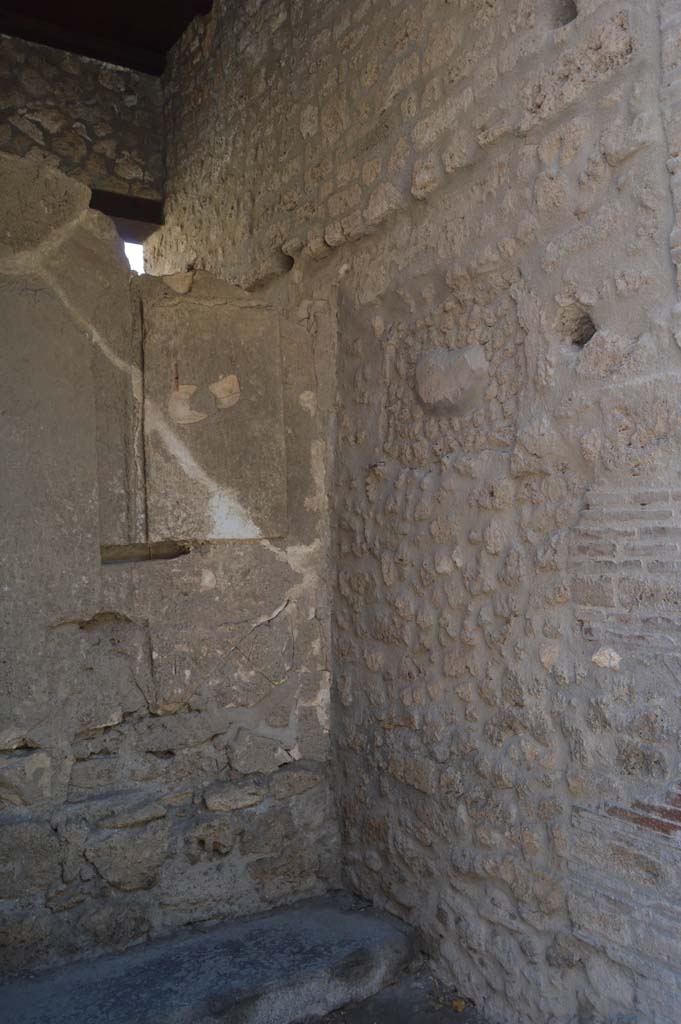 I.9.1 Pompeii. October 2017. Room 1, south-west corner and west wall of entrance vestibule.
According to Fröhlich, on the west wall were the faint remains of a painting of a female figure, possibly Venus Pompeiana.
To the left of this was a painting of Juno and Minerva.
See Fröhlich, T., 1991. Lararien und Fassadenbilder in den Vesuvstädten. Mainz: von Zabern. (F6, and Photo 52,2).
Foto Taylor Lauritsen, ERC Grant 681269 DÉCOR.