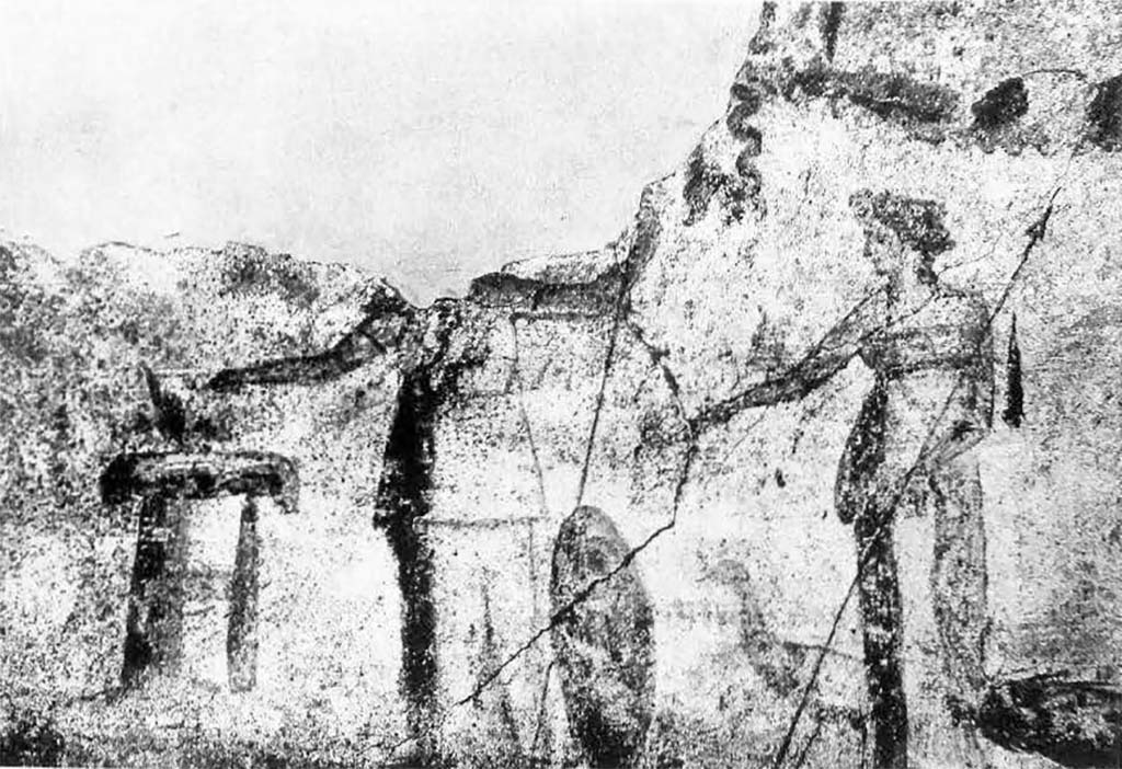1.9.1 Pompeii. 1912. West wall of vestibule, with remains of wall painting of Juno and Minerva. 
Juno is wearing a Chiton and holding the sceptre in her left hand and a patera in the right.
Behind her stands a peacock. On the extreme left stands Minerva in a long robe with a gorgon head on the breast.
A large shield is to her left, her left hand holds the lance and her right over a round altar, sacrificing.
See Fröhlich, T., 1991. Lararien und Fassadenbilder in den Vesuvstädten. Mainz: von Zabern. (F6, and Photo 52,2).
According to Spinazzola this was a Triad which also included Venus (lost).
See Spinazzola V., 1953. Pompei alla luce degli Scavi Nuovi di Via dell’Abbondanza (anni 1910-1923): Vol. I. Roma: La Libreria della Stato, p.168-9.