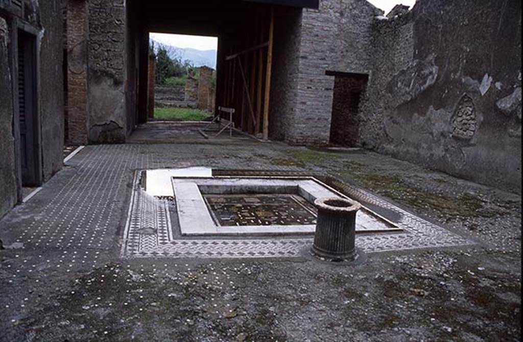 I.9.1 Pompeii. April 1998. Room 2, atrium and impluvium. Work is in progress on the surrounding mosaic.
A marble fluted puteal is in place at the north end of the impluvium but the terracotta grondaia is not present at the south end.
Photo courtesy of Rob Rietberg.