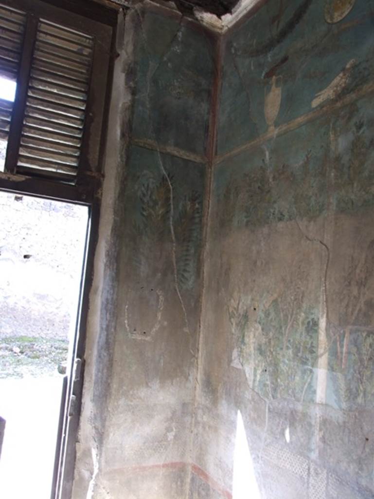 I.9.5 Pompeii. March 2009. Room 5.  Cubiculum.  Narrow west  wall (left) with north west corner.  Garden paintings.