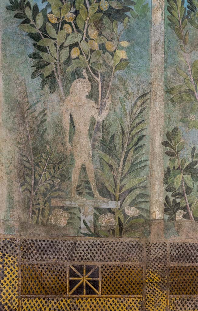 I.9.5 Pompeii. April 2022. Room 5, cubiculum. North end of east wall. 
Detail of painting of Egyptian pharaonic statue and lemon tree.
Photo courtesy of Johannes Eber.