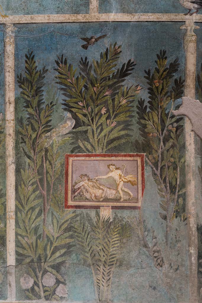 I.9.5 Pompeii. April 2022. 
Room 5, detail from south wall with painting of Ariadne and Dionysus. 
Photo courtesy of Johannes Eber.