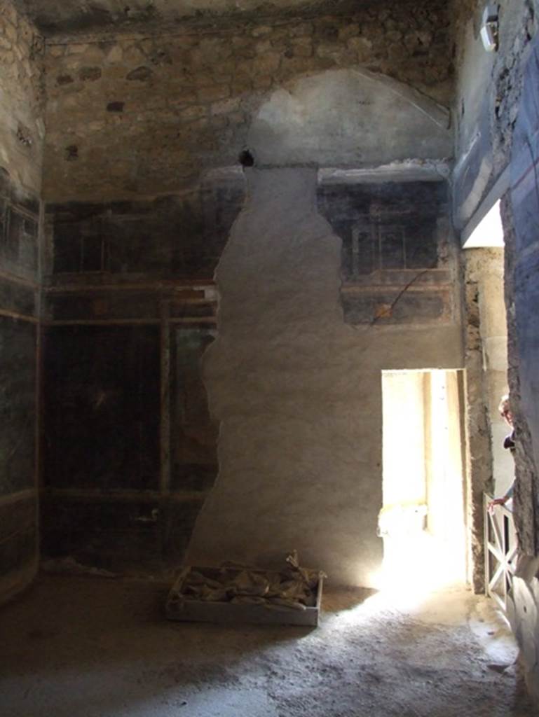 I.9.5 Pompeii. March 2009. Room 10, triclinium. South wall with doorway to room 11. According to Peters, this room contained paintings on all four walls. The ones within aediculae on the northern and southern walls have nearly completely disappeared. See Peters, W.J.T. (1963): Landscape in Romano-Campanian Mural Paintings.The Netherland, Van Gorcum & Comp. (p.85)