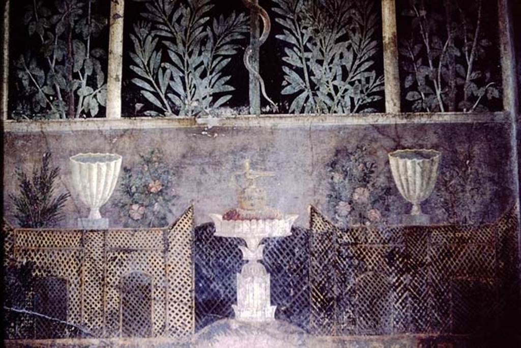 1.9.5 Pompeii. 1966. Room 11, east wall with detail of garden trellis painting. Photo by Stanley A. Jashemski.
Source: The Wilhelmina and Stanley A. Jashemski archive in the University of Maryland Library, Special Collections (See collection page) and made available under the Creative Commons Attribution-Non Commercial License v.4. See Licence and use details.
J66f0669