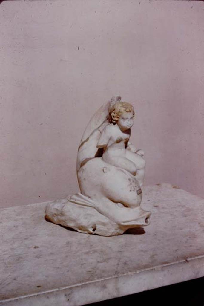 I.9.14 Pompeii. 1966. Cupid with basket on arm riding on dolphin.  Photo by Stanley A. Jashemski.
Source: The Wilhelmina and Stanley A. Jashemski archive in the University of Maryland Library, Special Collections (See collection page) and made available under the Creative Commons Attribution-Non Commercial License v.4. See Licence and use details.
J66f0739