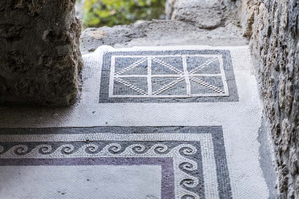 I.10.4 Pompeii. April 2022. 
Room 47, looking west towards opening with detail of mosaic doorway threshold. Photo courtesy of Johannes Eber.