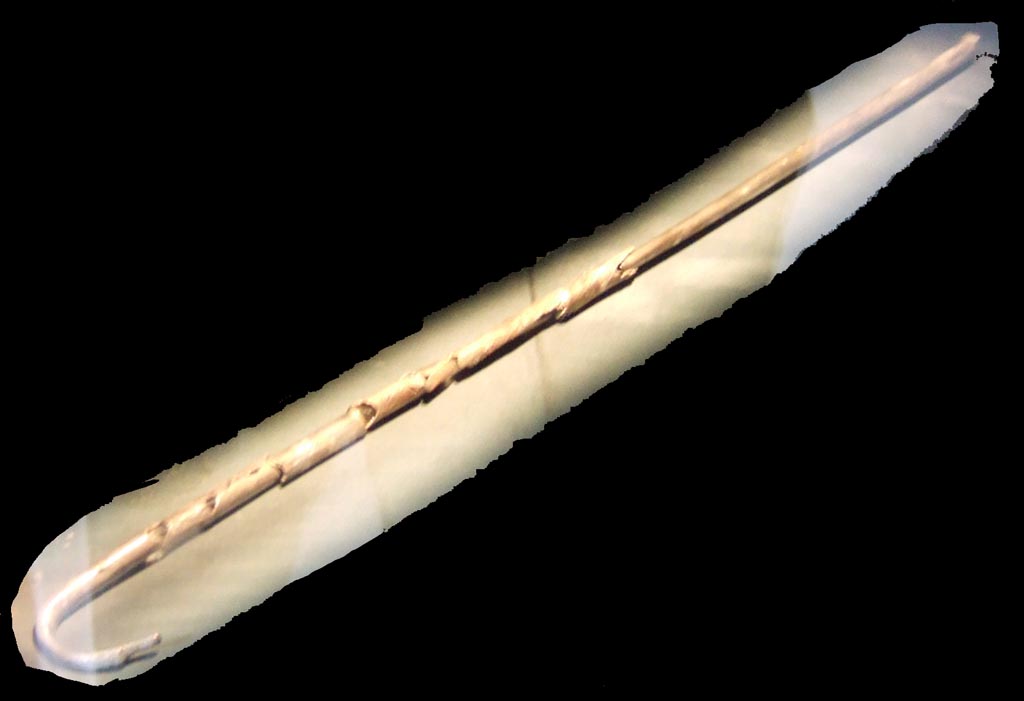 I.10.4 Pompeii. Silver wine test tube, found with two parts, where one could be inserted into the other. 
According to Stefani, the two tubes were joined by a reservoir in the centre, which has not been found.
Part of the 115 pieces of Silver found in a chest in the underground storerooms. 
Now in Naples Archaeological Museum. Inventory numbers 145551 and 145552.
See Guzzo, P. (A cura di), 2006. Argenti a Pompei. Milano, Electa. p.222.