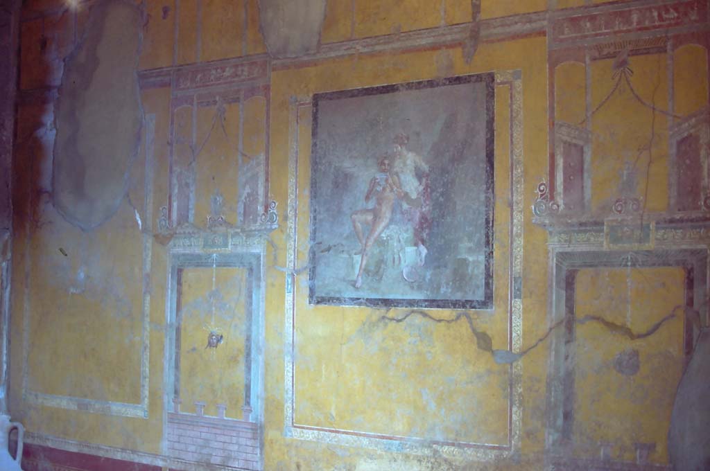 I.10.4 Pompeii, 7th August 1976. Room 19, wall painting in centre of south wall. 
Photo courtesy of Rick Bauer, from Dr George Fay’s slides collection.