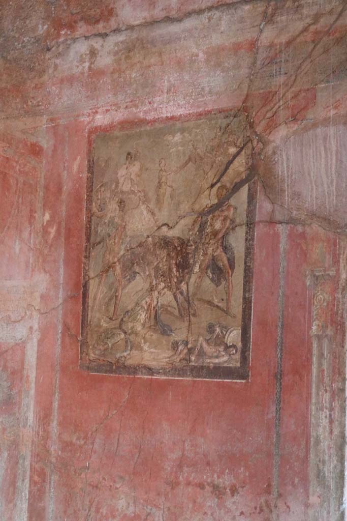 I.10.4 Pompeii. December 2018. 
Room 15, central wall painting of the Punishment of Dirce from south wall. Photo courtesy of Aude Durand.