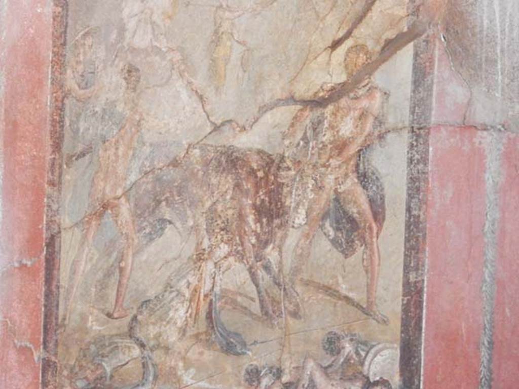 I.10.4 Pompeii. May 2015. Room 15, south wall.  Detail from wall painting of the Punishment of Dirce. Photo courtesy of Buzz Ferebee.