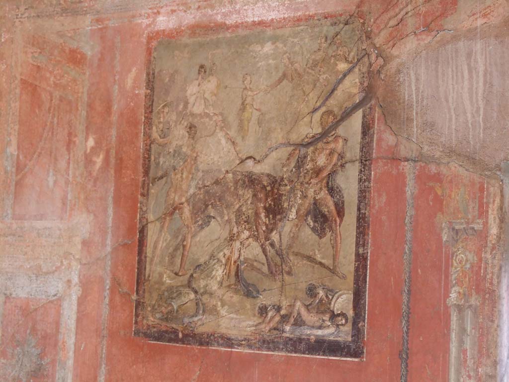 I.10.4 Pompeii. December 2006. Room 15, south wall.  Wall painting of the Punishment of Dirce.
See Bragantini, de Vos, Badoni, 1981. Pitture e Pavimenti di Pompei, Parte 1. Rome: ICCD. (p.122).
See Ling, R, La Casa del Menandro, in Menander, La Casa del Menandro di Pompei. Edited by G. Stefani. Milan: Electa, 2003 (p. 10-45).