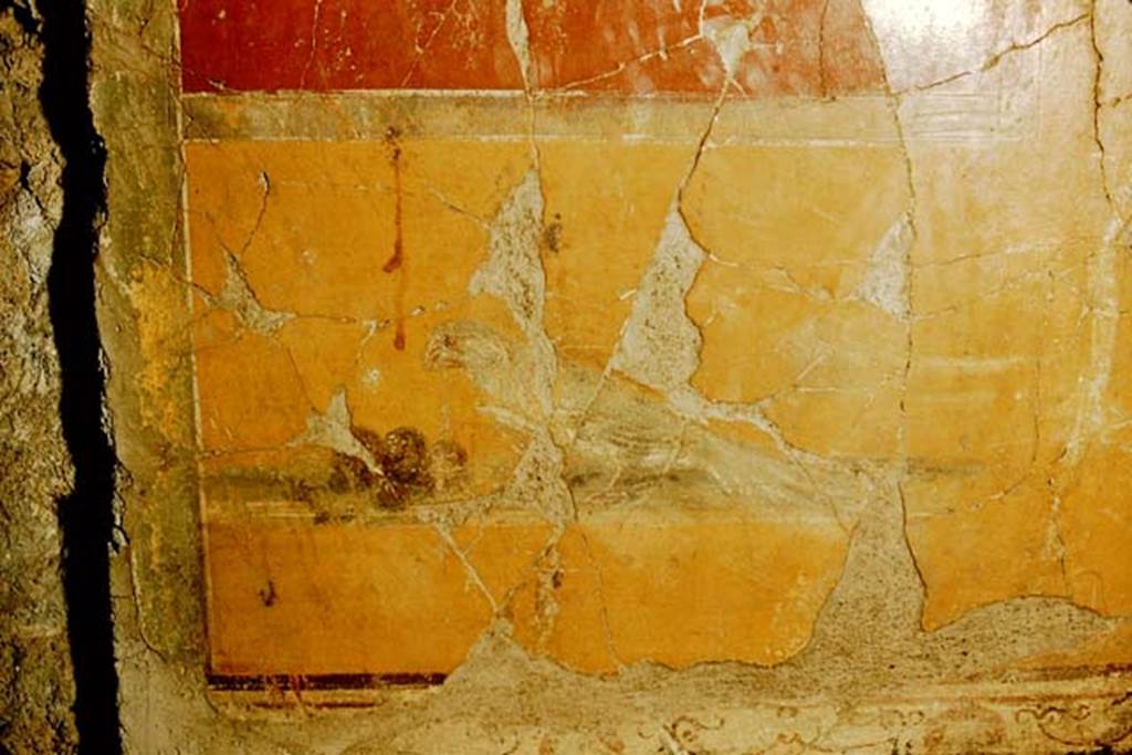 I.10.4 Pompeii. 1957. Painted parrot with grapes, from west wall of atrium, on north side of doorway to room 7. Photo by Stanley A. Jashemski.
Source: The Wilhelmina and Stanley A. Jashemski archive in the University of Maryland Library, Special Collections (See collection page) and made available under the Creative Commons Attribution-Non Commercial License v.4. See Licence and use details.
J57f0494