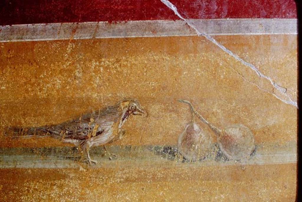 I.10.4 Pompeii. 1968. West wall on south side of room 7, in south-west corner of atrium, painting of bird with fruit.  
Photo by Stanley A. Jashemski.
Source: The Wilhelmina and Stanley A. Jashemski archive in the University of Maryland Library, Special Collections (See collection page) and made available under the Creative Commons Attribution-Non Commercial License v.4. See Licence and use details.
J68f2039
