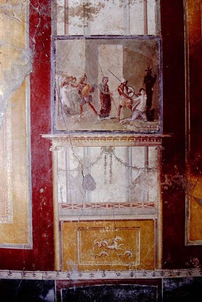 I.10.4 Pompeii.  1968.  Room 4, North wall with painting of Ajax dragging Cassandra from the Palladium before the eyes of Priam. Photo by Stanley A. Jashemski.
Source: The Wilhelmina and Stanley A. Jashemski archive in the University of Maryland Library, Special Collections (See collection page) and made available under the Creative Commons Attribution-Non Commercial License v.4. See Licence and use details.
J68f2046