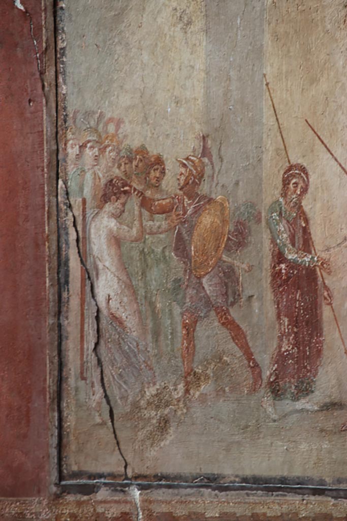 I.10.4 Pompeii. October 2023. 
Room 4, north wall, detail from mythological scene showing Ajax dragging Cassandra from the Palladium before the eyes of Priam.
Photo courtesy of Klaus Heese.