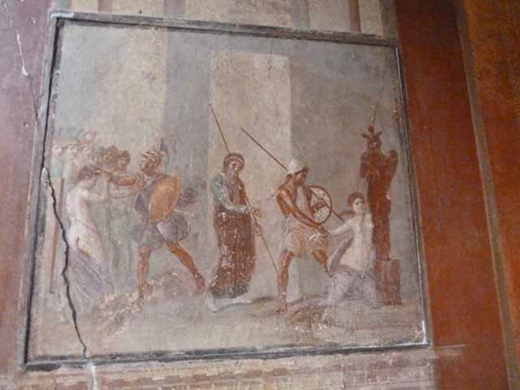 I.10.4 Pompeii.  May 2010. Room 4, Wall painting. Ajax dragging Cassandra from the Palladium before the eyes of Priam. Helen and Menelaus are to the left, Priam is in the centre with Ajax dragging Cassandra who is holding the Palladium to the right. See Ling, R, La Casa del Menandro, in Menander, La Casa del Menandro di Pompei. Edited by G. Stefani. Milan: Electa, 2003 (p. 37). See Bragantini, de Vos, Badoni, 1981. Pitture e Pavimenti di Pompei, Parte 1. Rome: ICCD. (p.115).