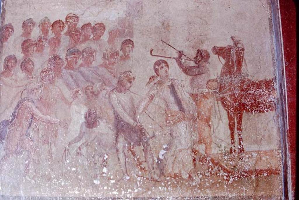 I.10.4 Pompeii. 1968. Room 4. Painting of Cassandra and the wooden Trojan horse on east wall. Photo by Stanley A. Jashemski.
Source: The Wilhelmina and Stanley A. Jashemski archive in the University of Maryland Library, Special Collections (See collection page) and made available under the Creative Commons Attribution-Non Commercial License v.4. See Licence and use details.
J68f2044