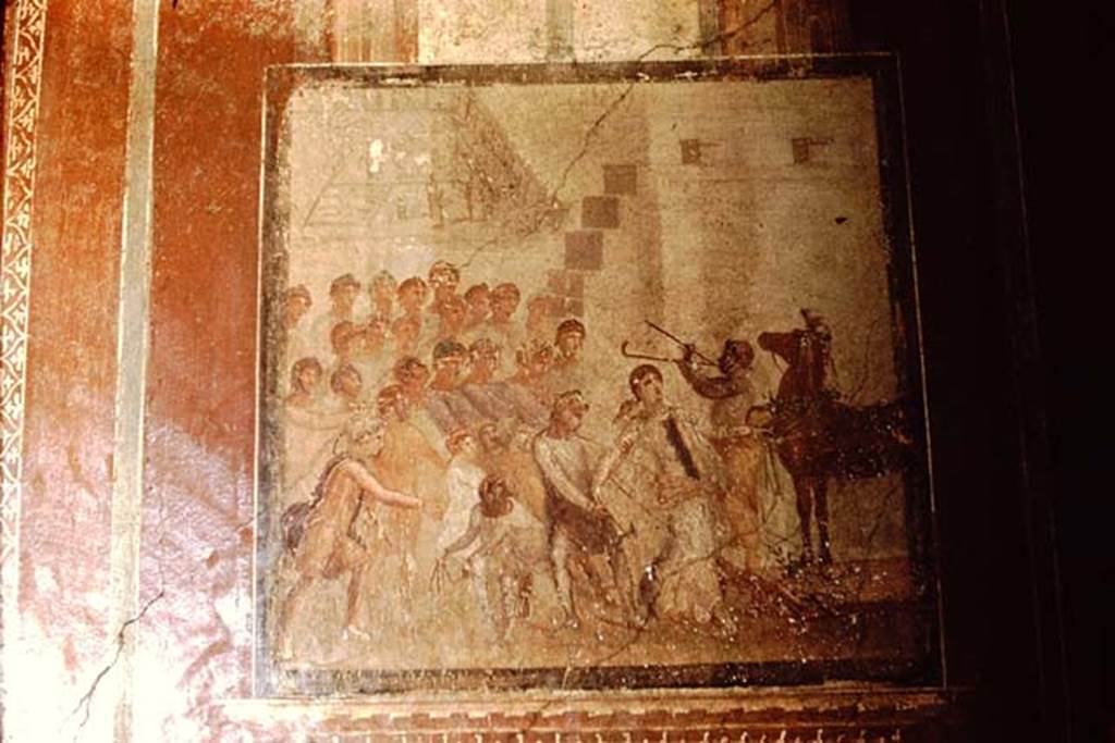 I.10.4 Pompeii. 1961. Room 4. Wall painting on east wall.  Photo by Stanley A. Jashemski.
Source: The Wilhelmina and Stanley A. Jashemski archive in the University of Maryland Library, Special Collections (See collection page) and made available under the Creative Commons Attribution-Non Commercial License v.4. See Licence and use details.
J61f0395