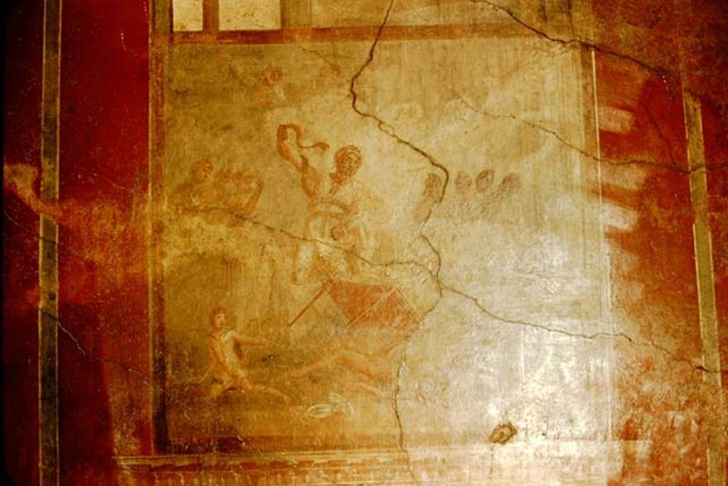 I.10.4 Pompeii. 1957. Room 4, south wall. Wall painting of the Death of Laocoon.  Photo by Stanley A. Jashemski.
Source: The Wilhelmina and Stanley A. Jashemski archive in the University of Maryland Library, Special Collections (See collection page) and made available under the Creative Commons Attribution-Non Commercial License v.4. See Licence and use details.
J57f0487