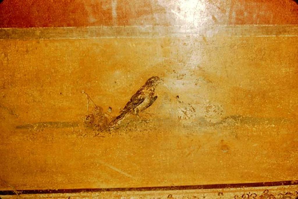 I.10.4 Pompeii. 1957. Atrium, east wall in south-east corner, painting of bird with cherries.  
Photo by Stanley A. Jashemski.
Source: The Wilhelmina and Stanley A. Jashemski archive in the University of Maryland Library, Special Collections (See collection page) and made available under the Creative Commons Attribution-Non Commercial License v.4. See Licence and use details.
J57f0495