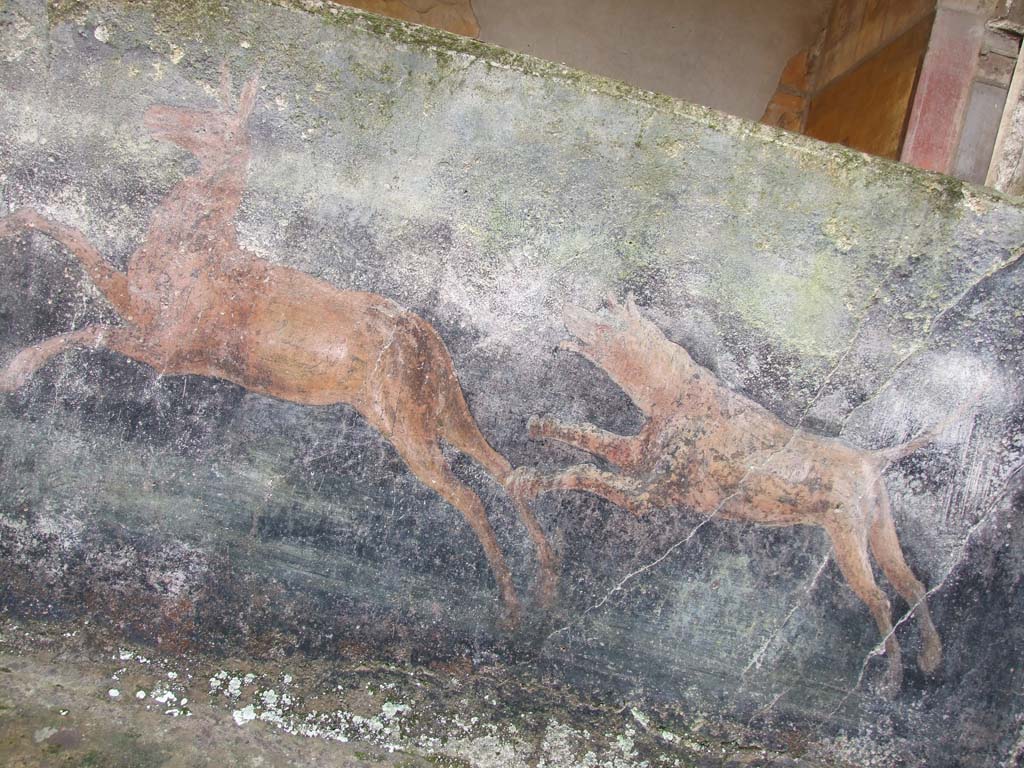 I.10.4 Pompeii. December 2006. 
Peristyle garden, hunt painting on inside of painted pluteus of peristyle. A dog is chasing a fawn.