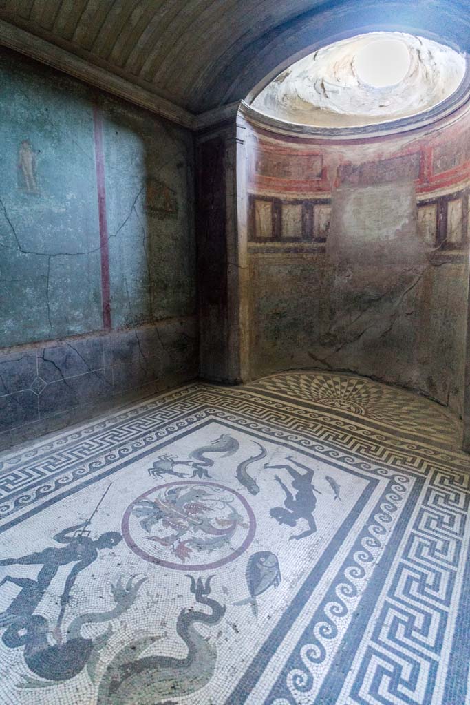 I.10.4 Pompeii. April 2022. 
Room 48, looking across ornate mosaic floor with marine theme, towards south-west corner with semi-circular alcove in caldarium (hot room). 
Numerous athletic figures decorate the walls. The alcove has painted scenes, painted figures and a window decorated with stucco.
Photo courtesy of Johannes Eber.