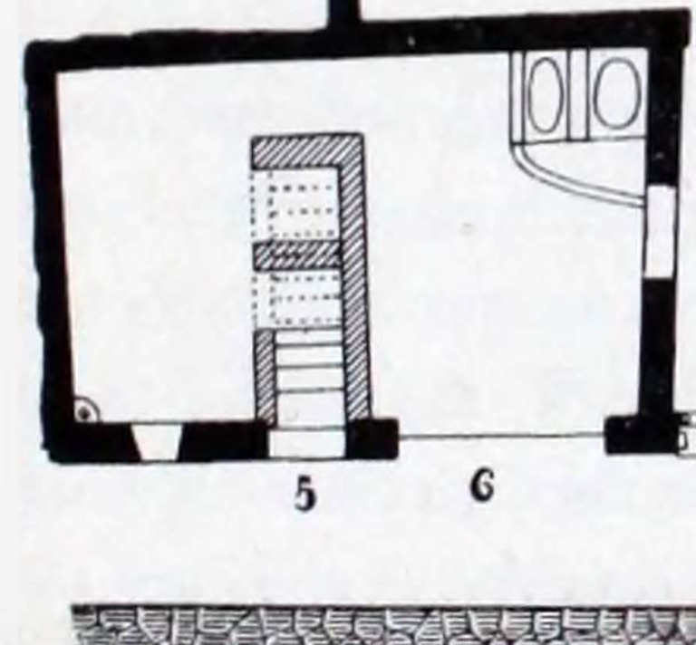 I.10.5 Pompeii. Plan with stairs at I.10.5 and workshop at I.10.6 from Notizie degli Scavi, 1934, p.277.
For details of “finds” from this house, (including I.10.6)
See Allison, P.M. (2006). The Insula of the Menander at Pompeii: Vol. III The finds, Clarendon Press, Oxford, (p.154-157 & p.335-6)
See Online Companion with details and photographs of finds from I.10.5.