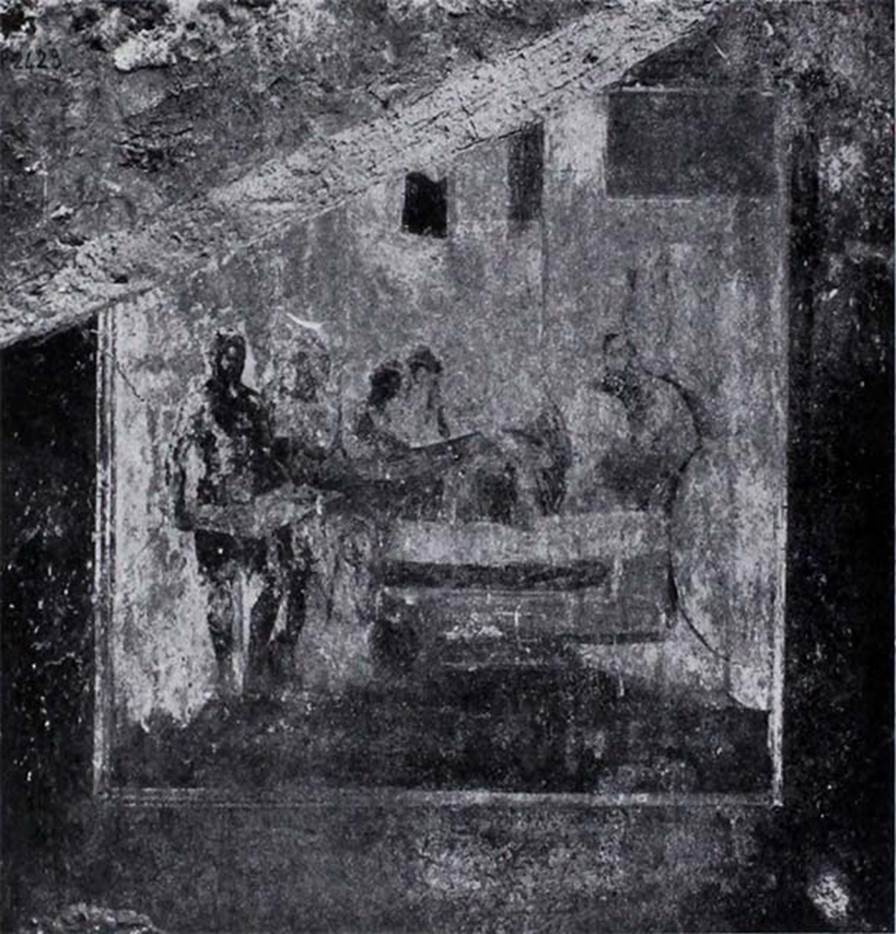 1.10.7 Pompeii. 1934. Room 8, north wall, wall painting of the Sacrifice of Sophonisba. 
See Notizie degli Scavi di Antichità, 1934, p.283, fig. 9.