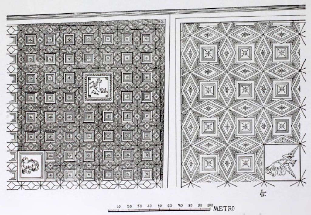 I.10.7 Pompeii. Room 8, drawing of geometric design on ceiling with figures.
See Notizie degli Scavi di Antichità, 1934, Tav X. 
On page 282, the ceiling is described –
“The beautiful ceiling with black background with diamond weaves and yellow and red squares, and a central square adorned with a feminine figure, of an elegant geometric pattern, whose fragments were largely collected from the ground, recomposed and relocated (Tav. X) in situ.
In the antechamber the design of the ceiling varies a little, in the pattern that was given by a dense interweaving of small squares and Greek crosses.”
(Completava il carattere sobriamente decorativo dell’insieme, il bel soffitto a fondo nero con intreccio di rombi e quadrati gialli e rossi, e quadrato centrale ornato da un figura femminile, di elegante motivo geometrico, i cui frammenti vennero in buona parte raccolti dal suolo, ricomposti e ricollocati (Tav.X) in situ.
Nell’anticamera il disegno del soffitto varia di poco, nel motivo che era dato da un fitto intreccio di piccolo quadrati e di croci greche.)  (p.282)