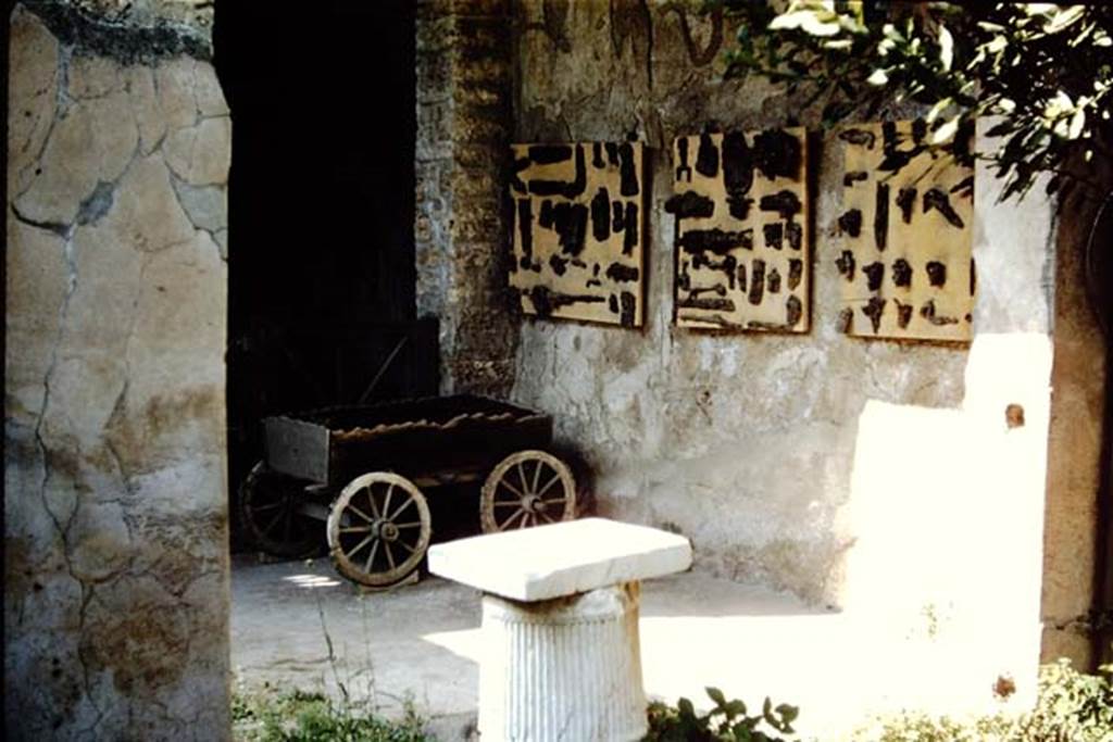 I.10.7 Pompeii. 1959. Doorway to room 12, and east wall of the north portico, with “finds”.
Photo by Stanley A. Jashemski.
Source: The Wilhelmina and Stanley A. Jashemski archive in the University of Maryland Library, Special Collections (See collection page) and made available under the Creative Commons Attribution-Non Commercial License v.4. See Licence and use details.
J59f0187