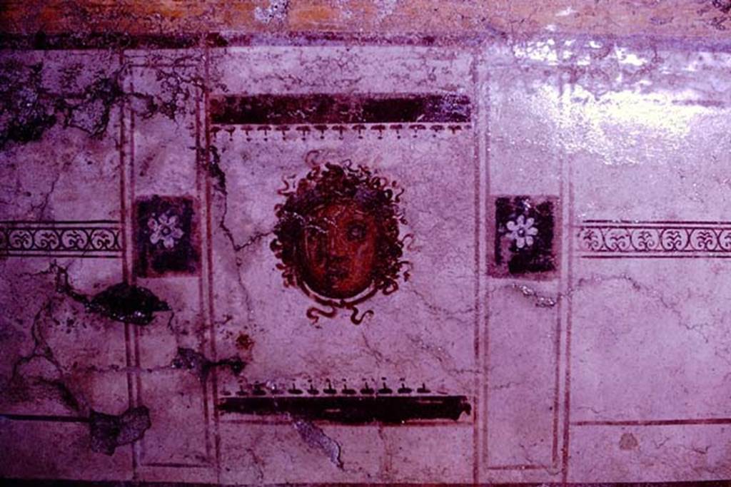 I.10.8 Pompeii. 1966. Room 8, west wall of tablinum with painting of a Gorgon from the centre of the lower section. Photo by Stanley A. Jashemski.
Source: The Wilhelmina and Stanley A. Jashemski archive in the University of Maryland Library, Special Collections (See collection page) and made available under the Creative Commons Attribution-Non Commercial License v.4. See Licence and use details.
J66f0526