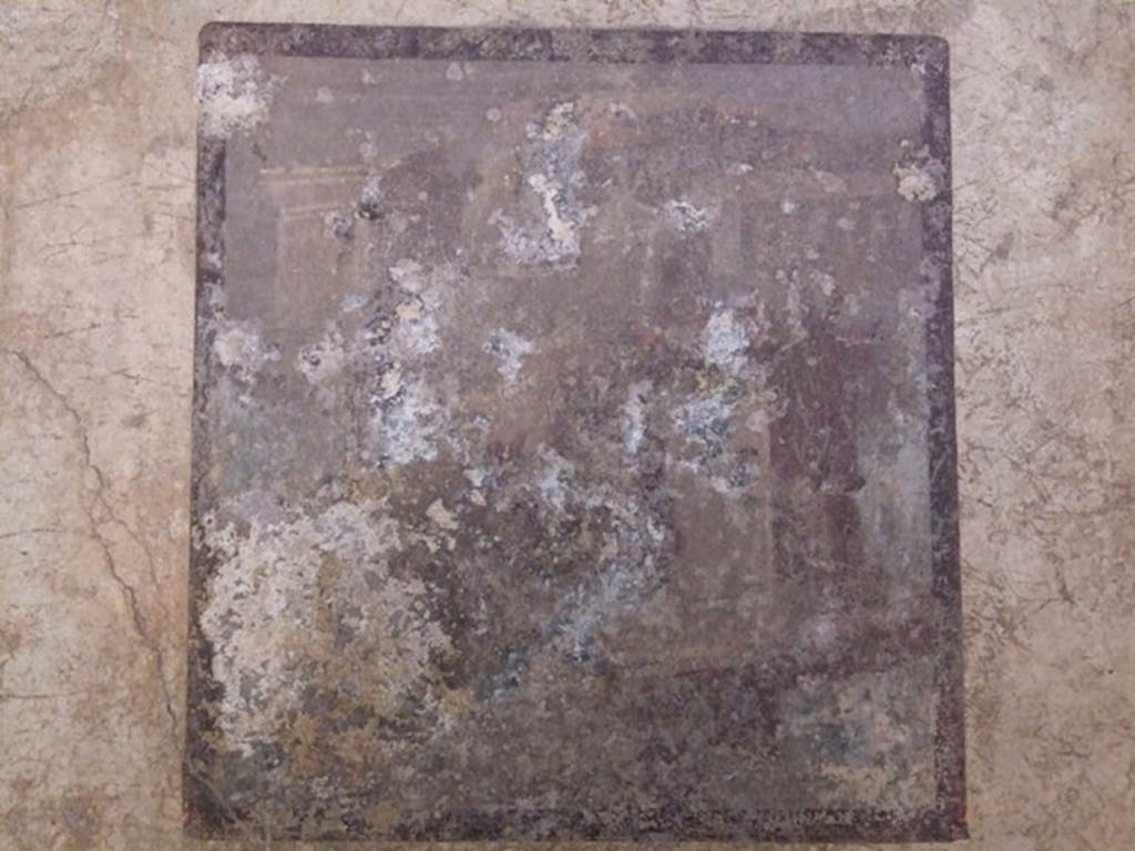 I.10.11 Pompeii. March 2009. Room 6, south wall of ala or exedra with remains of wall painting. According to Peters, the landscape on the right-hand side had been better preserved. The only piece missing was a strip along its lower edge. In the centre he could see a sacred tree and an altar, near to which were two people offering. On the right, but still in the centre, there was a temple and a dead tree. On the left, he could see a sanctuary against the rocks. (p.151)