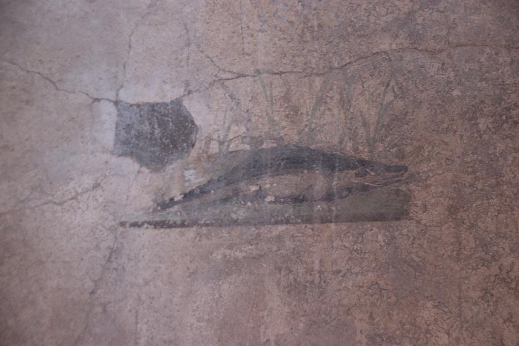 I.10.11 Pompeii. October 2022. 
Room 7, painting of a crocodile from north end of east wall of cubiculum. Photo courtesy of Klaus Heese.