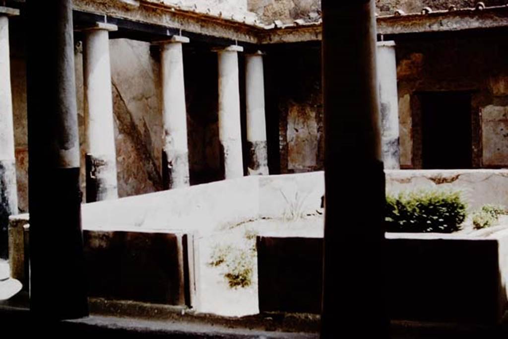 I.10.11 Pompeii. 1961. Room 10, peristyle. Looking north-east across peristyle. 
On the north wall, on the left between the columns, the outline of the stairs to the upper floor can be seen. Photo by Stanley A. Jashemski.
Source: The Wilhelmina and Stanley A. Jashemski archive in the University of Maryland Library, Special Collections (See collection page) and made available under the Creative Commons Attribution-Non Commercial License v.4. See Licence and use details.
J61f0343
