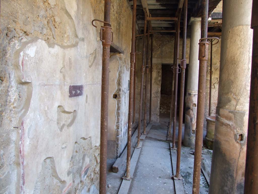 I.10.11 Pompeii. March 2009. Room 10, looking south along east wall of peristyle.
On the left is the wall plaster between rooms 12 and 13, with painted panel of ducks, see photo immediately below.  
In the middle of the photo would be the wall south of room 13, where the well-known graffito CIL IV 8408 a-c comes from.
This graffito, also on a “violet” panel with paintings of ducks is shown in the two photos below the one underneath.